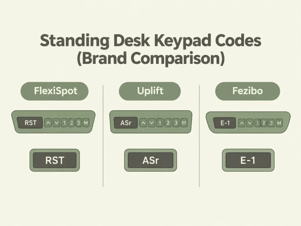 Diagram showing the universal standing desk reset process, from lowering the desk to its lowest position to releasing the down button