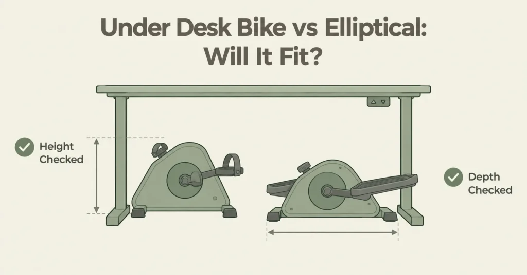 Guide preview showing an under-desk bike and elliptical compared for standing desk fit