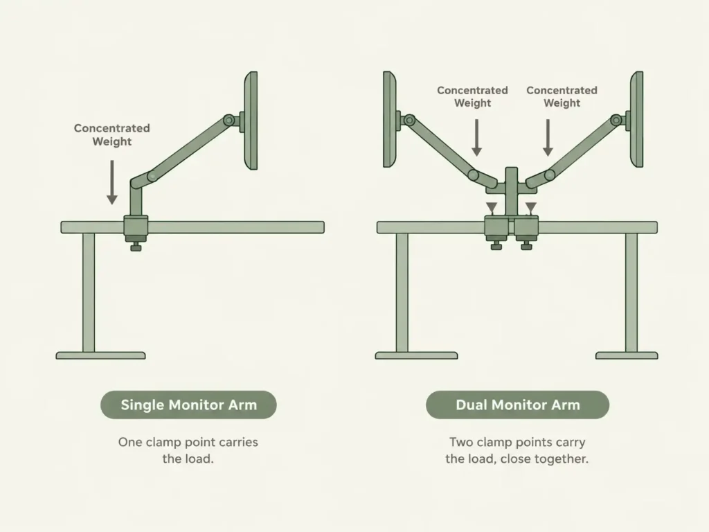 Diagram showing how a dual monitor arm's two clamp points concentrate weight compared to a single monitor arm clamp