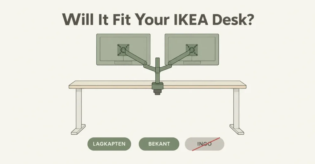 Guide preview comparing IKEA desk models for dual monitor arm compatibility, including LAGKAPTEN, BEKANT, and INGO